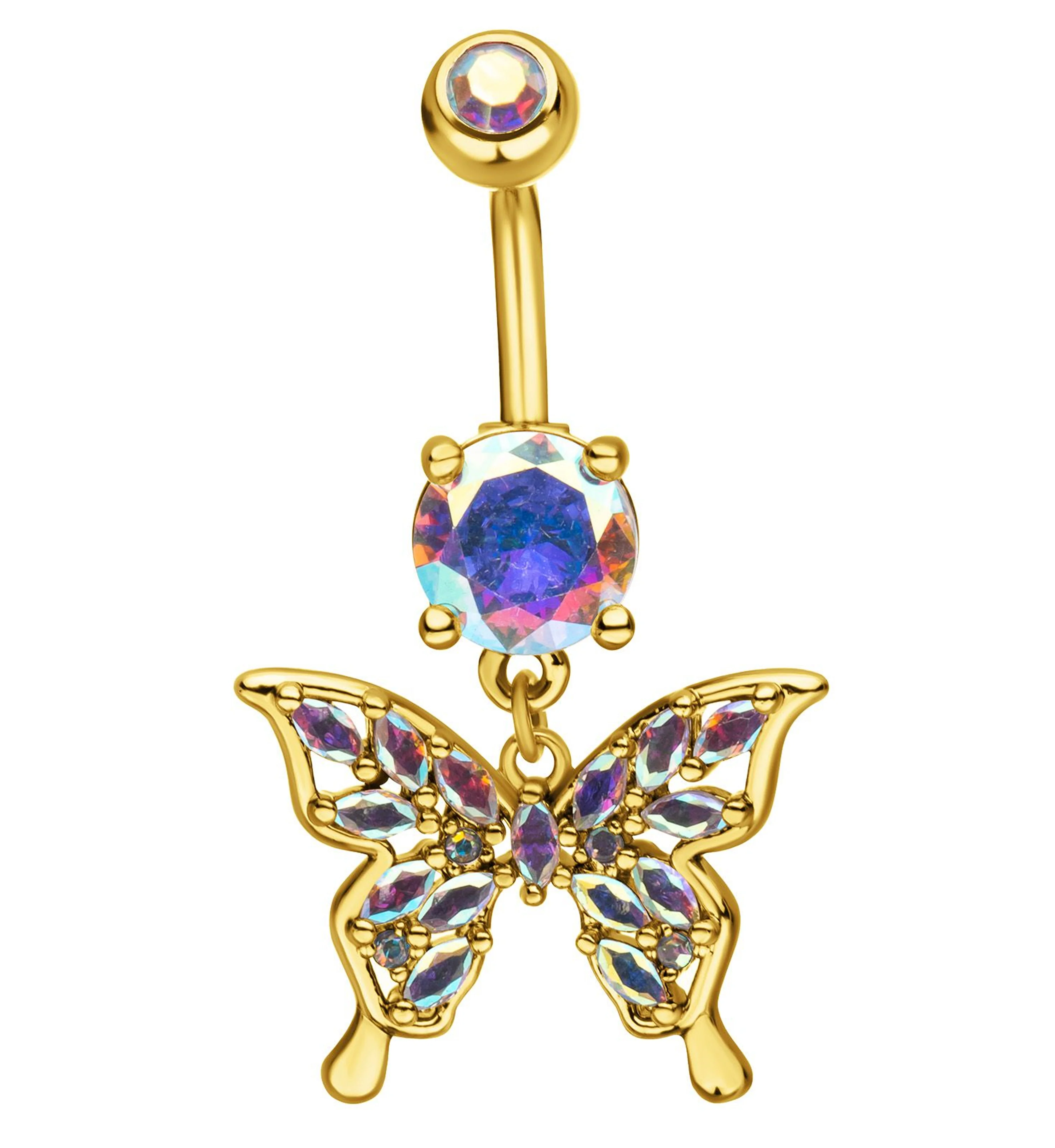 Gold PVD Butterfly Marquise Rainbow Aurora CZ Filled Dangle Stainless Steel Belly Button Ring - Mrs Treak