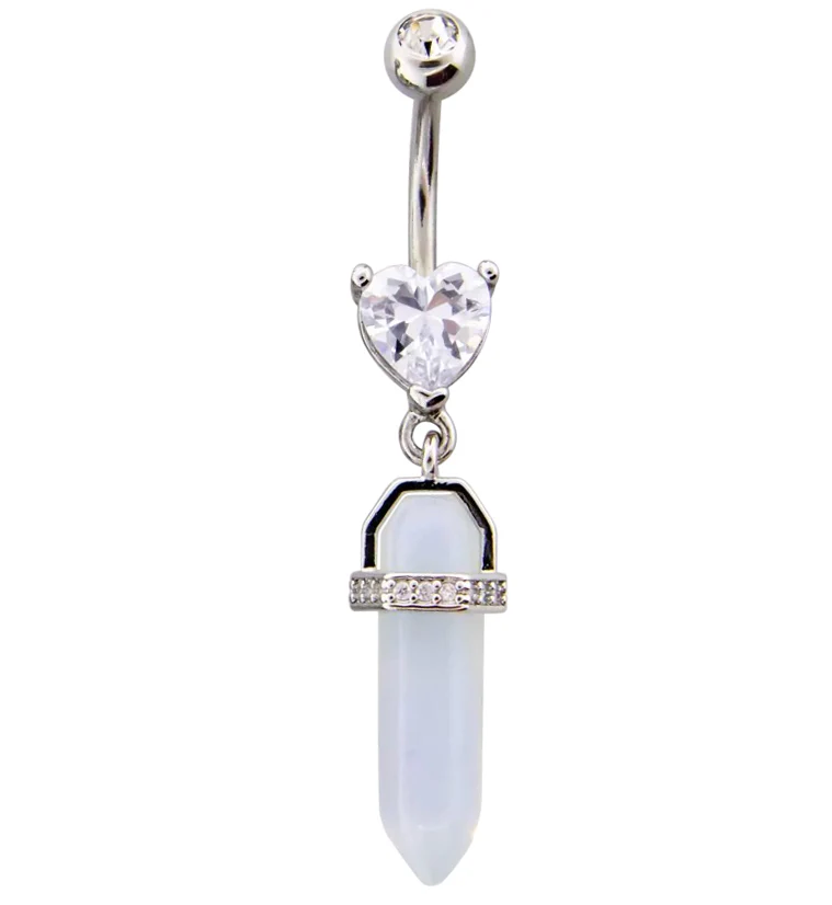 Heart CZ White Crystal Dangle Stainless Steel Belly Button Ring - Mrs Treak