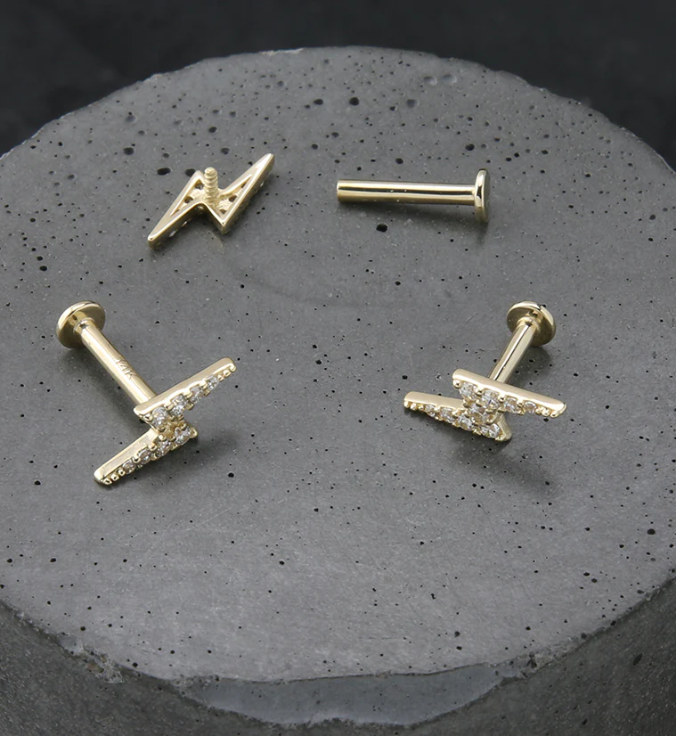 14kt Gold Lightning Bolt CZ Internally Threaded Labret - Mrs Treak