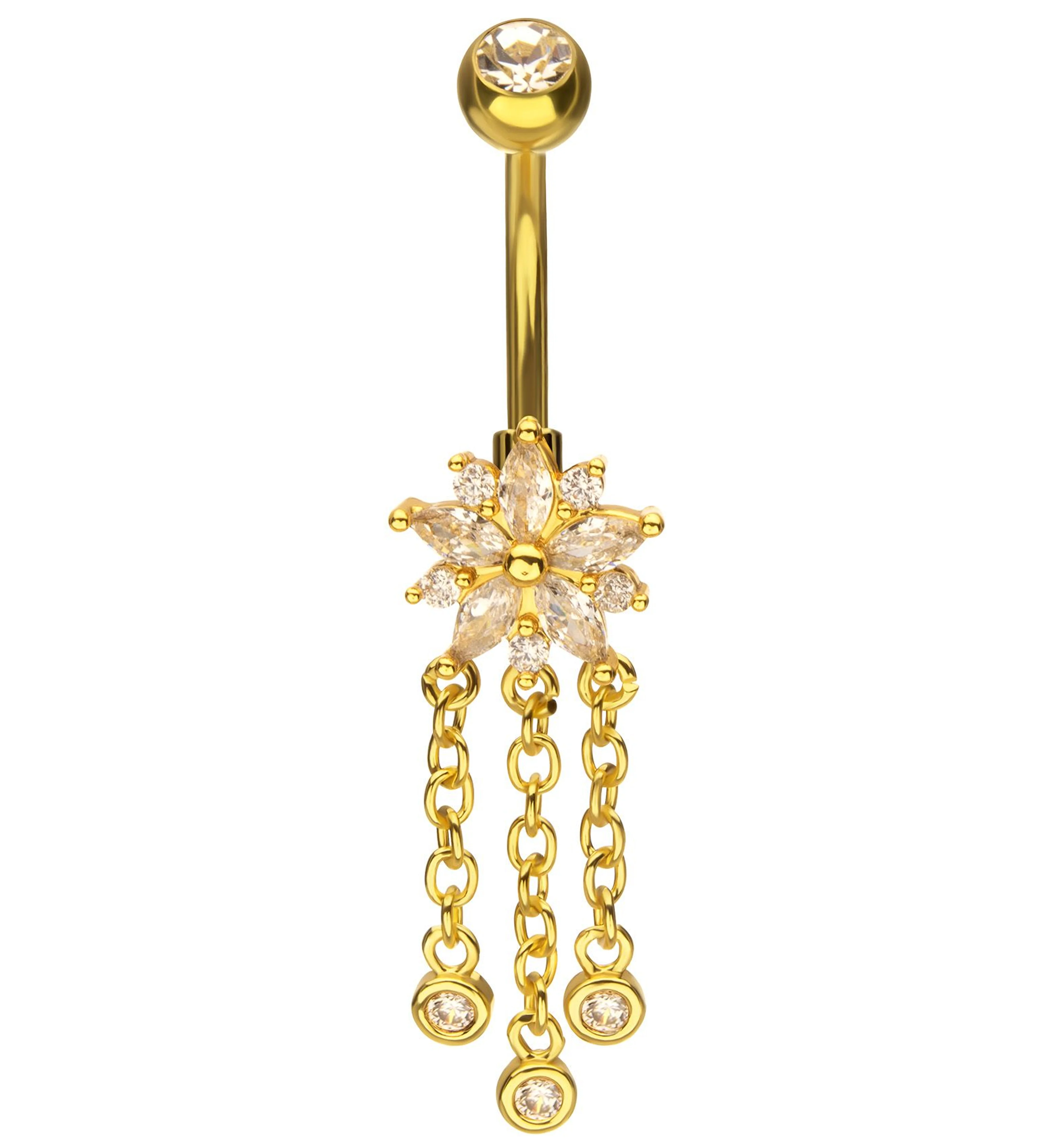 Gold PVD Flower Triple Clear CZ Dangle Stainless Steel Belly Button Ring - Mrs Treak