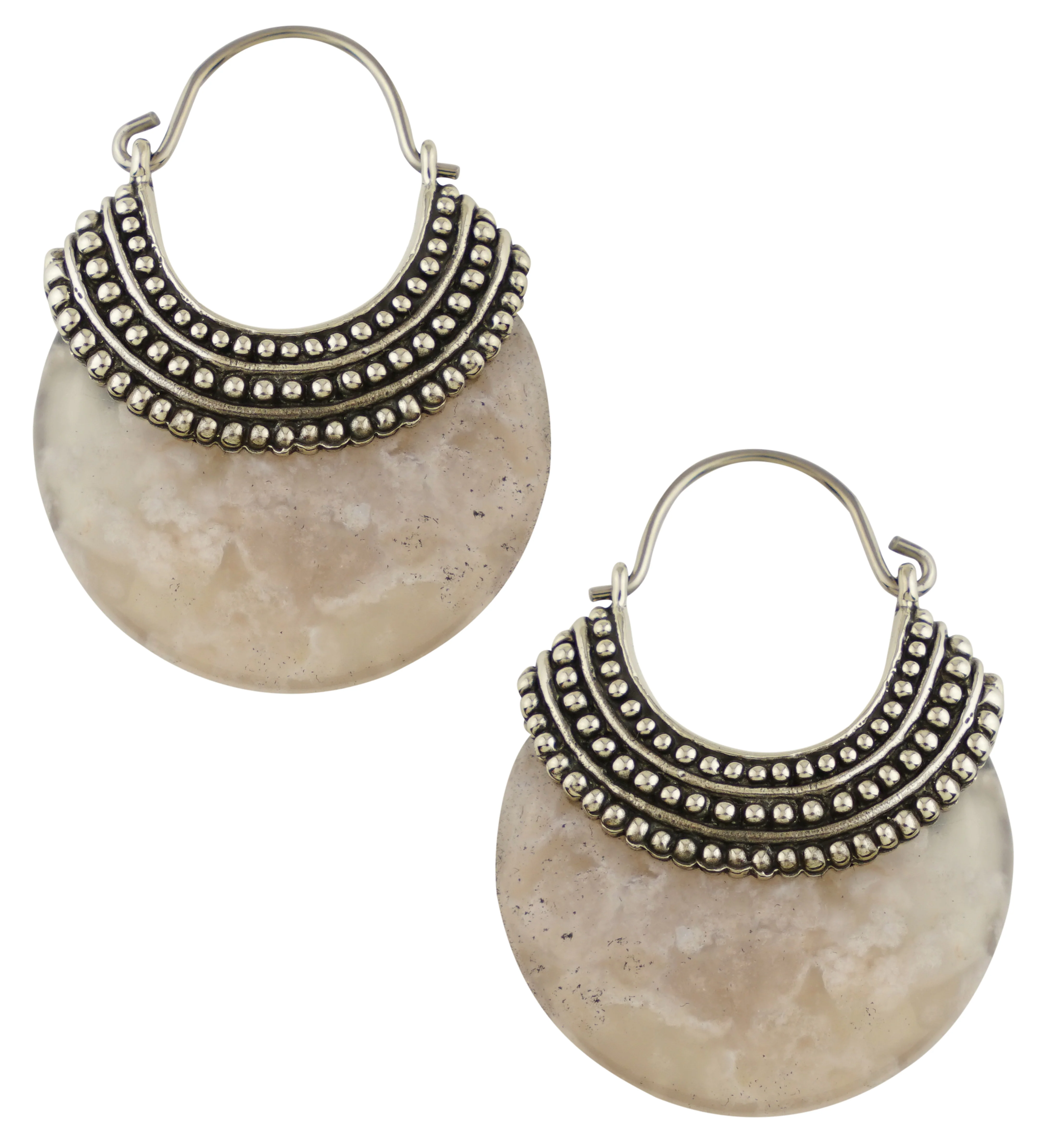 Plume Agate Beaded White Brass Stone Earrings - Mrs Treak