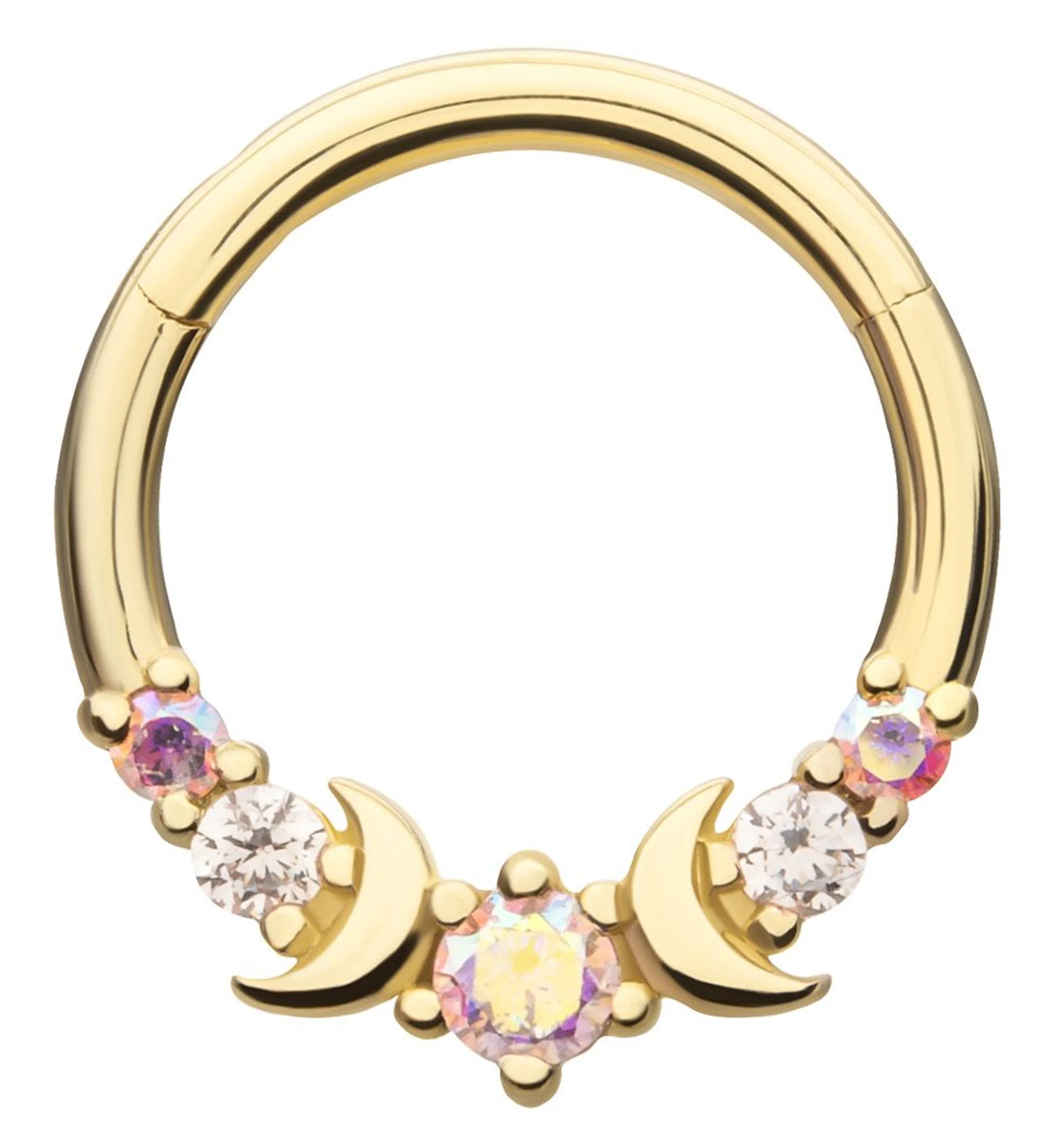 14kt Gold Half Moon Accent Rainbow Aurora CZ Hinged Segment Ring - Mrs Treak