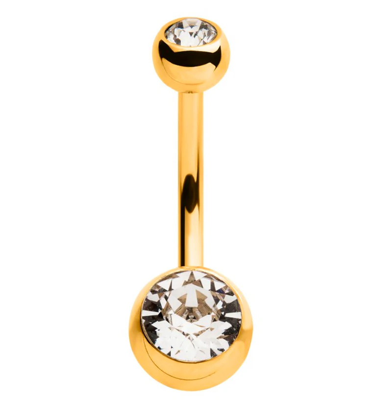24kt Gold PVD Titanium Double Bezel CZ Belly Button Ring - Mrs Treak
