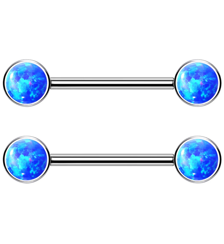 Dual Bezel Blue Opalite Titanium Threadless Nipple Ring Barbell - Mrs Treak