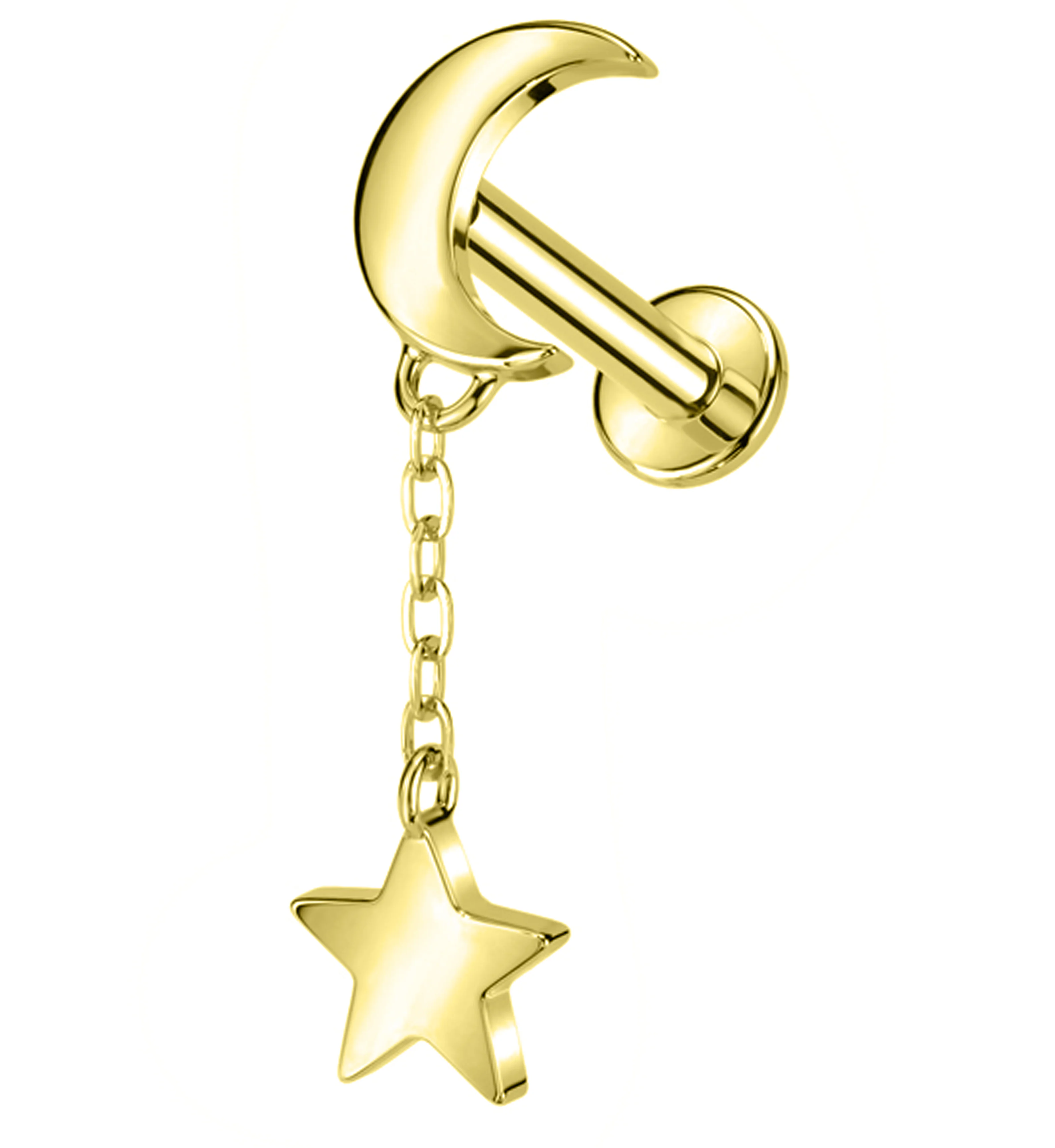 14kt Gold Crescent Moon Dangle Star Internally Threaded Labret - Mrs Treak