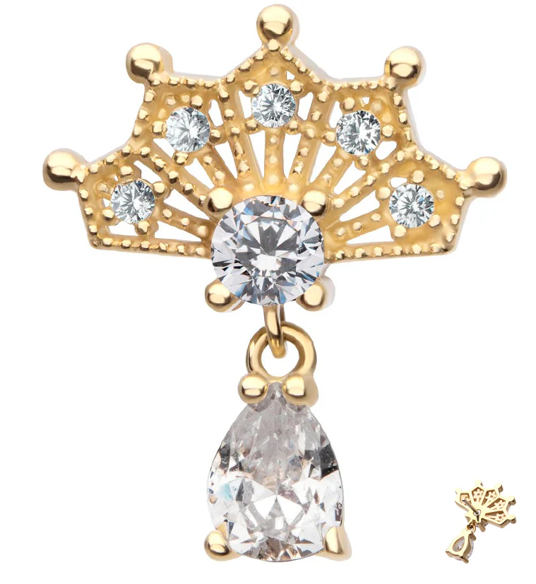 14kt Gold Vane Clear CZ Teardrop Dangle Threadless Top - Mrs Treak