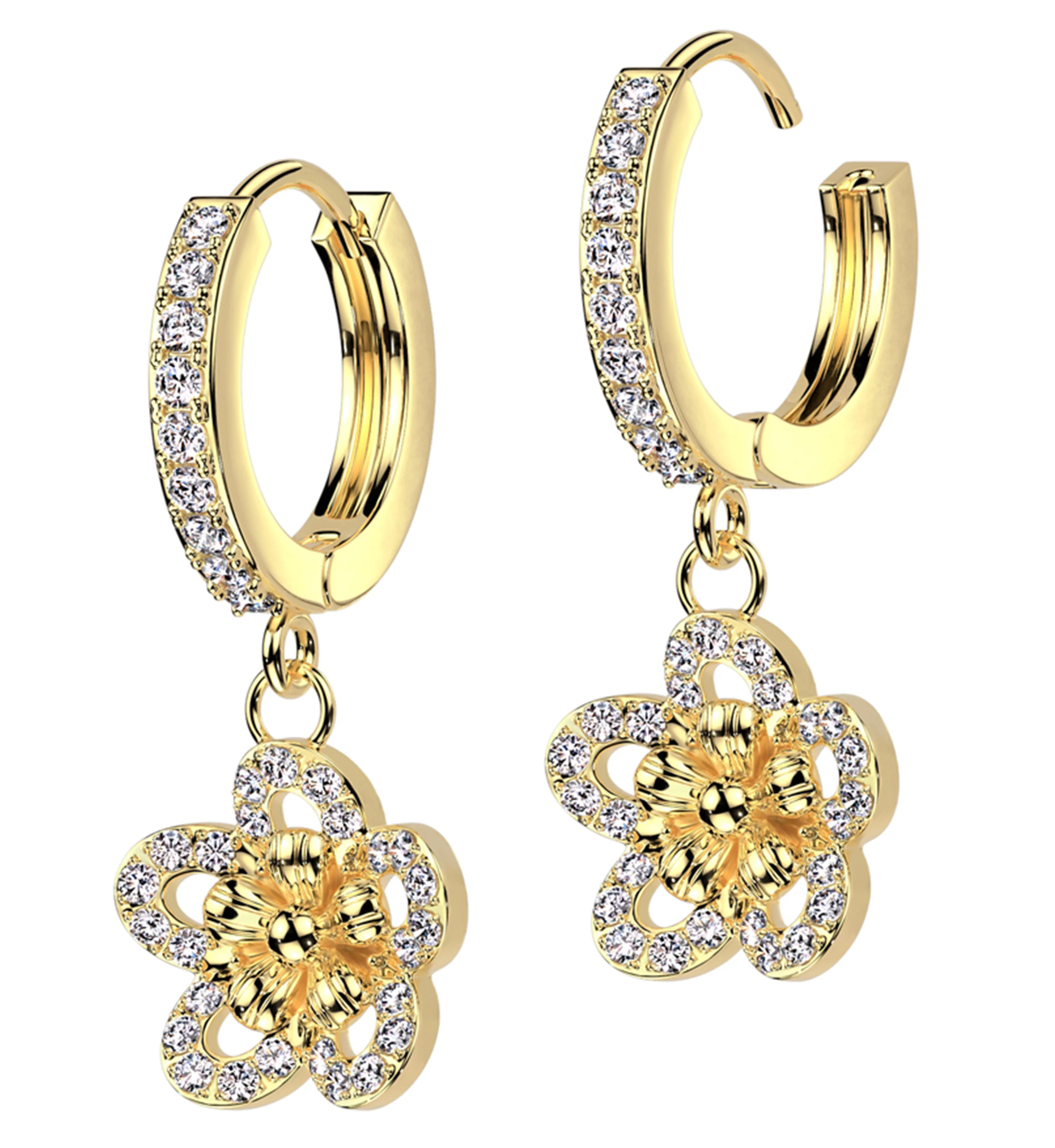 Gold PVD Flower CZ Stainless Steel Hoop Earrings - Mrs Treak