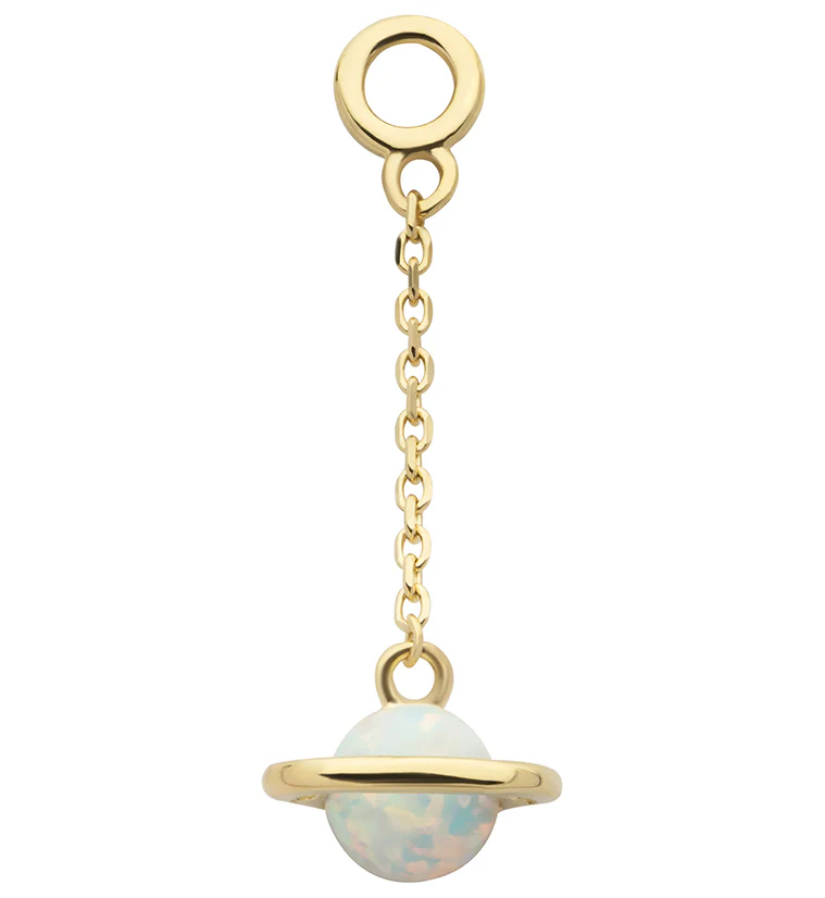 14kt Gold Saturn White Opalite Dangle Chain Charm - Mrs Treak