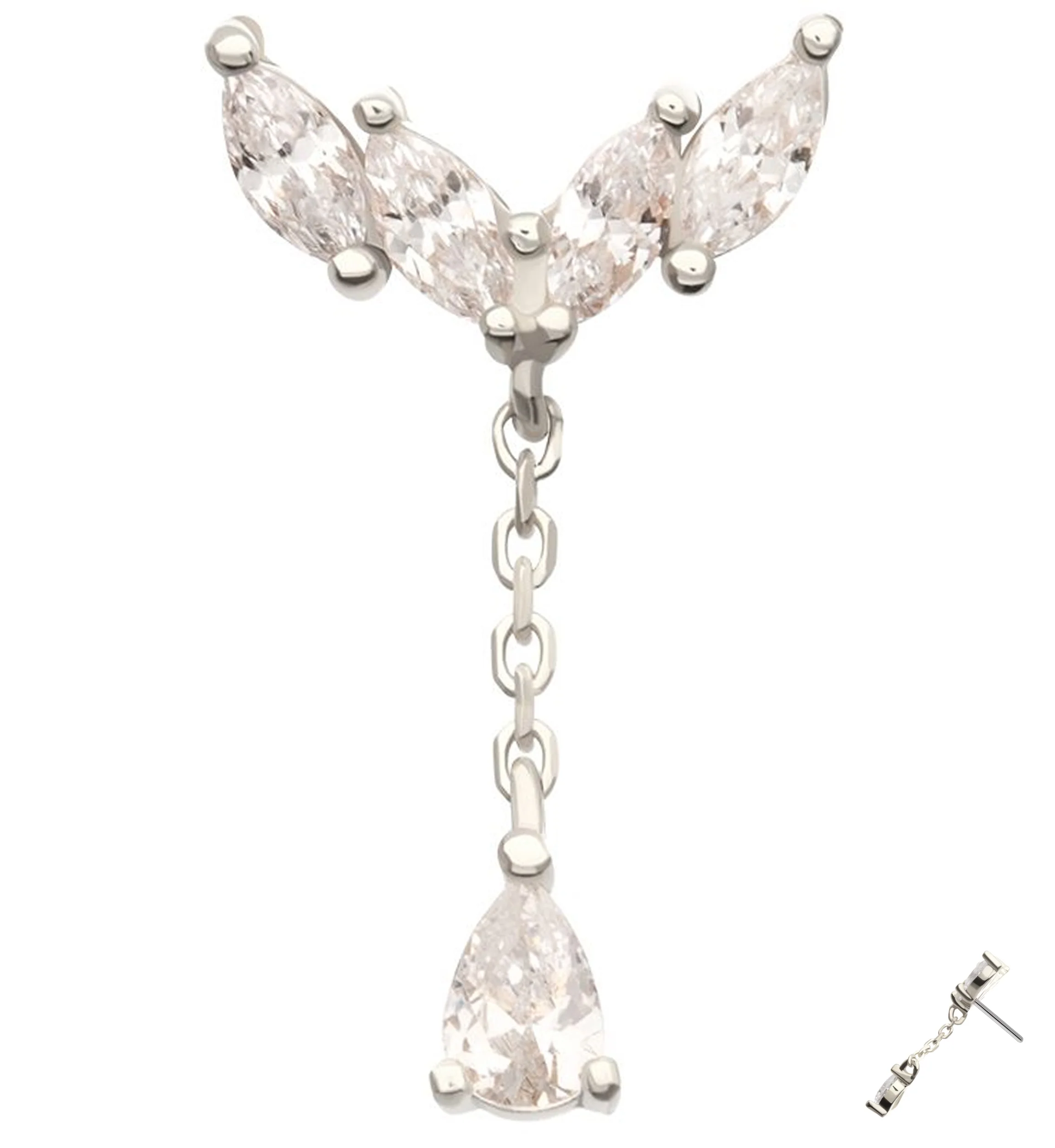 14kt White Gold Arrow Marquise Clear CZ Dangle Threadless Top - Mrs Treak