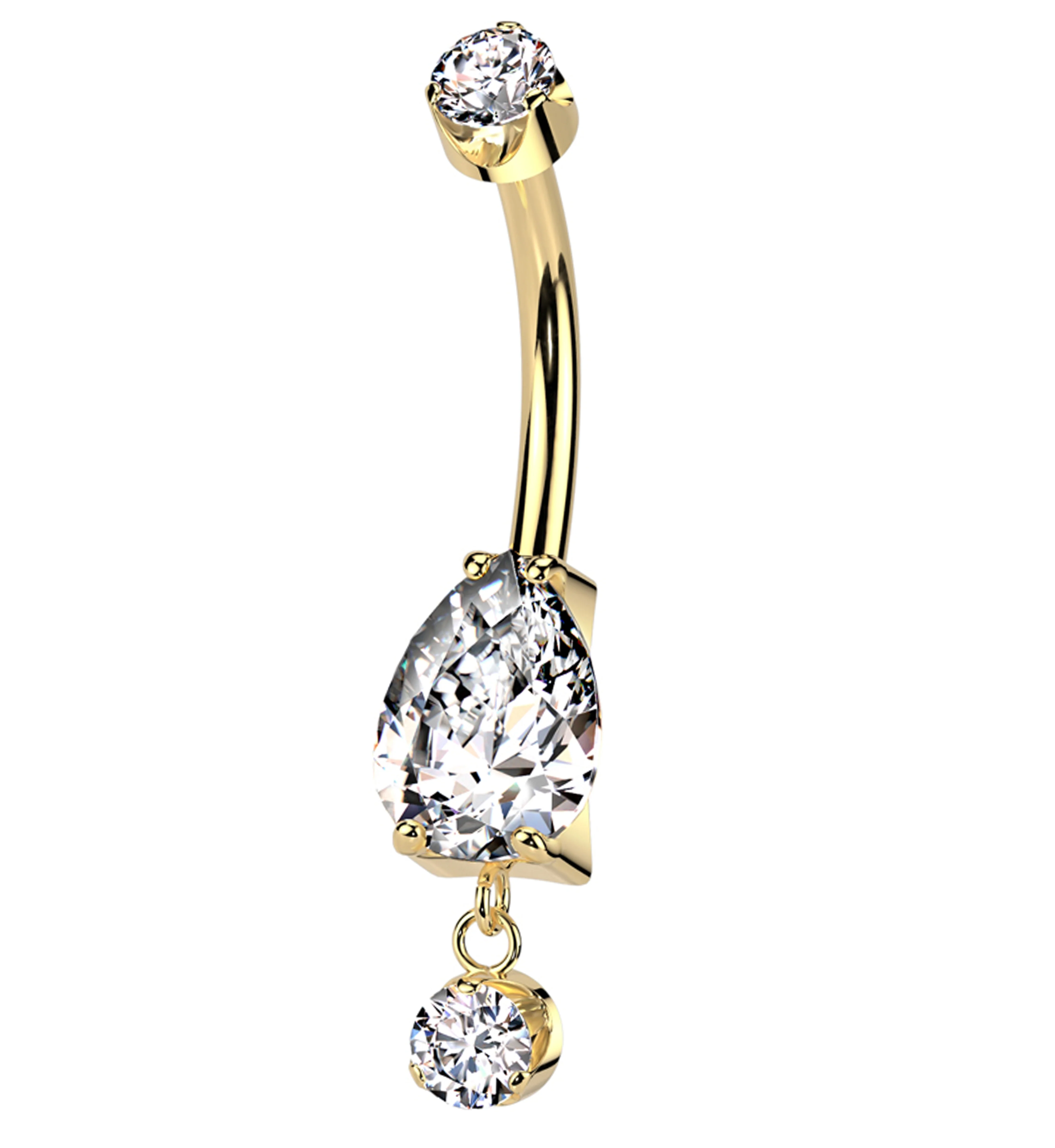 Gold PVD Teardrop Clear CZ Dangle Titanium Internally Threaded Belly Button Ring - Mrs Treak