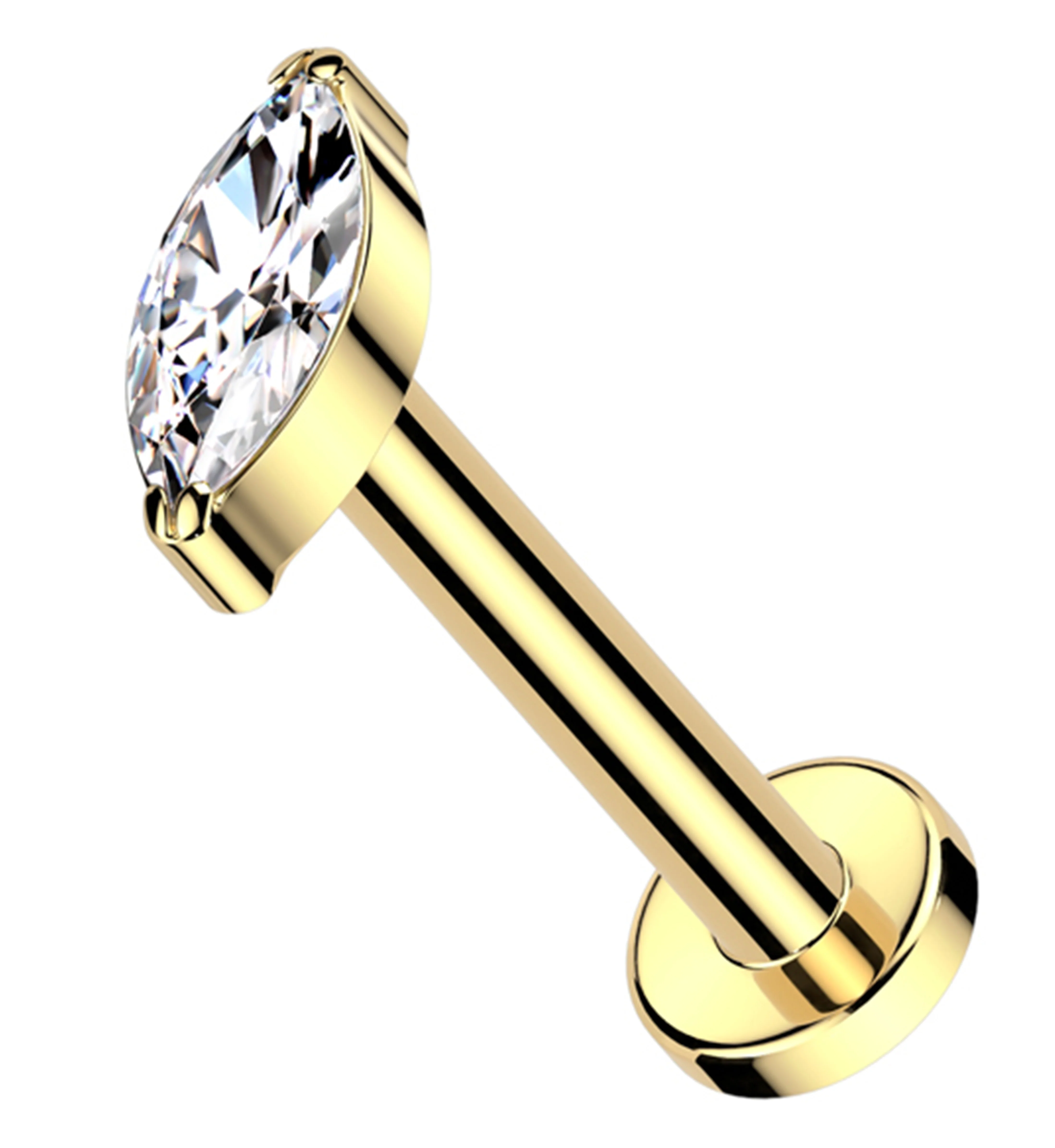 Gold PVD Marquise Clear CZ Flat Disk Threadless Labret - Mrs Treak