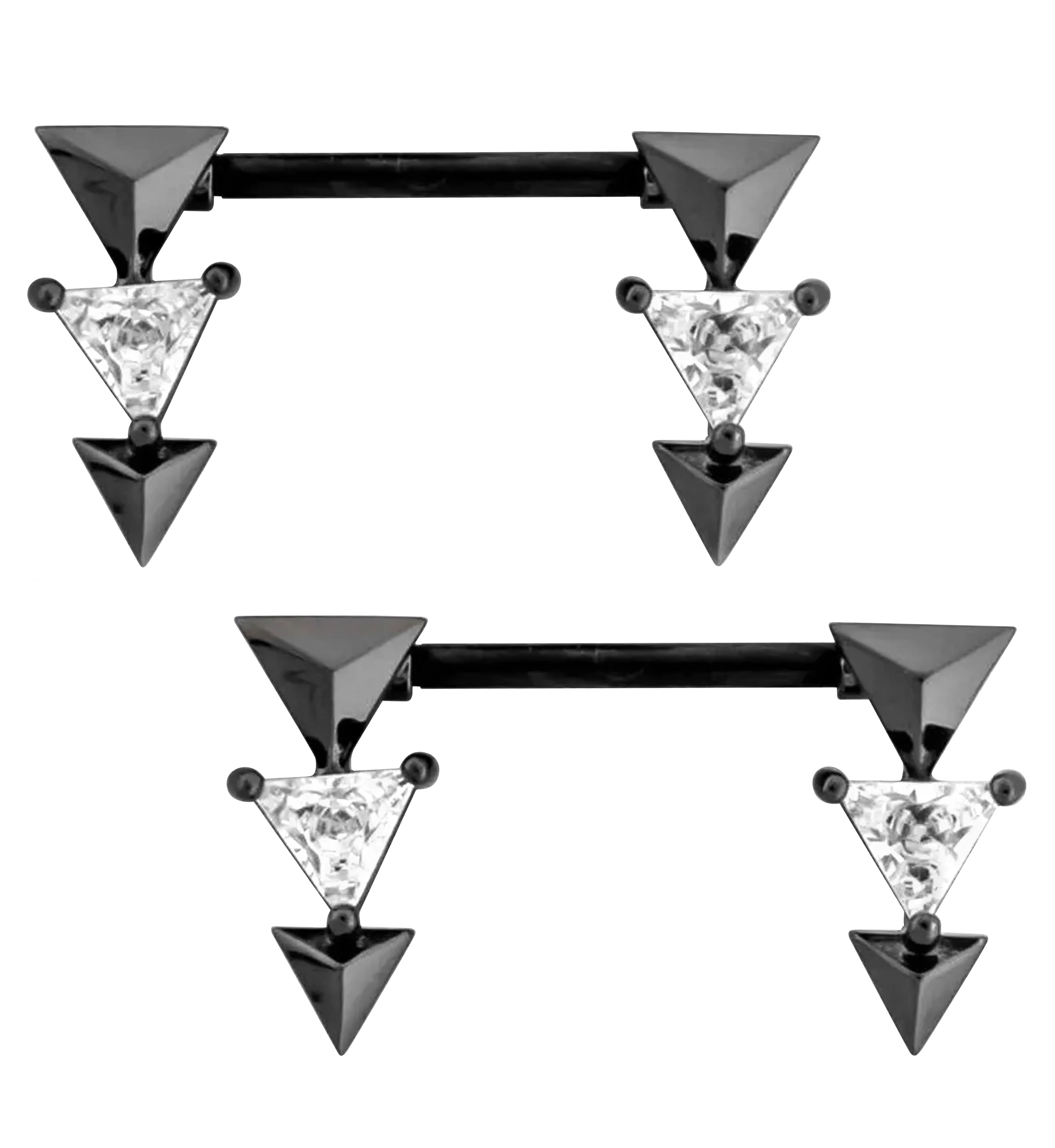 Black PVD Triple Triangle Drop Clear CZ Stainless Steel Nipple Barbell - Mrs Treak