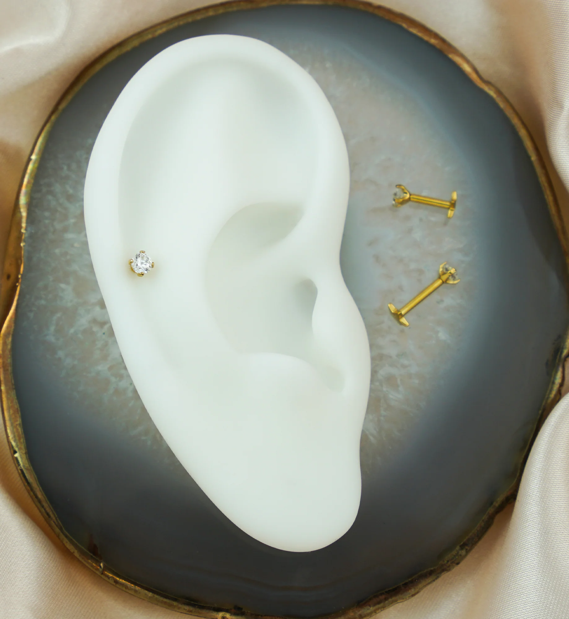 Gold PVD Prong Clear CZ Star Disk Titanium Threadless Labret - Mrs Treak