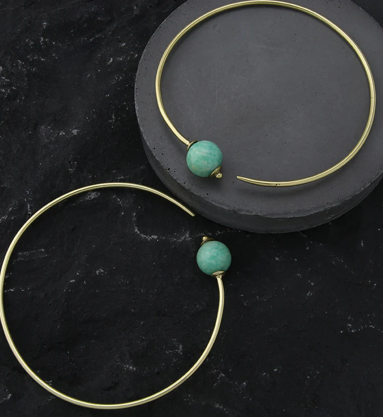 Amazonite Stone Orb Brass Hangers / Plug Hoops - Mrs Treak