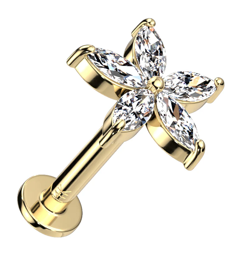 14kt Gold Starflower CZ Threadless Labret - Mrs Treak