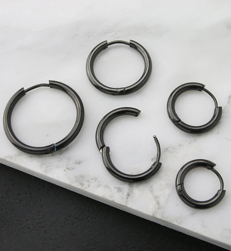Black PVD Stainless Steel Hinged Hoop Earrings - Mrs Treak