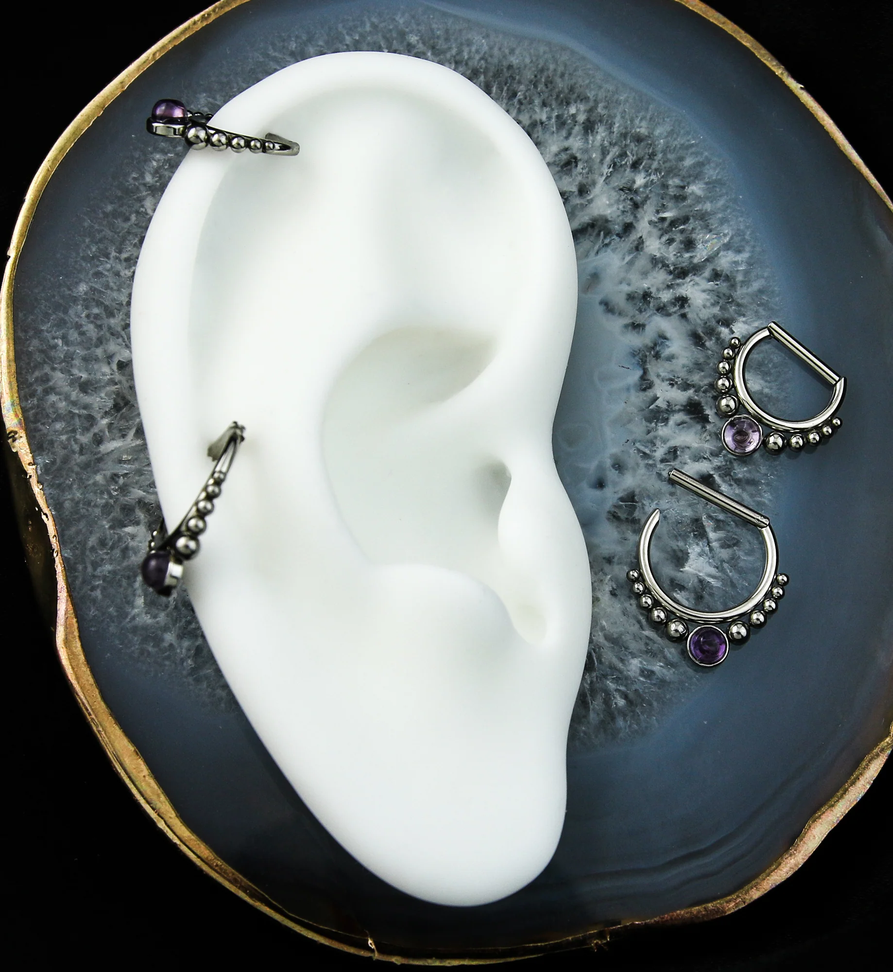 Beaded Amethyst Stainless Steel Straight Hinged Segment Ring - Mrs Treak