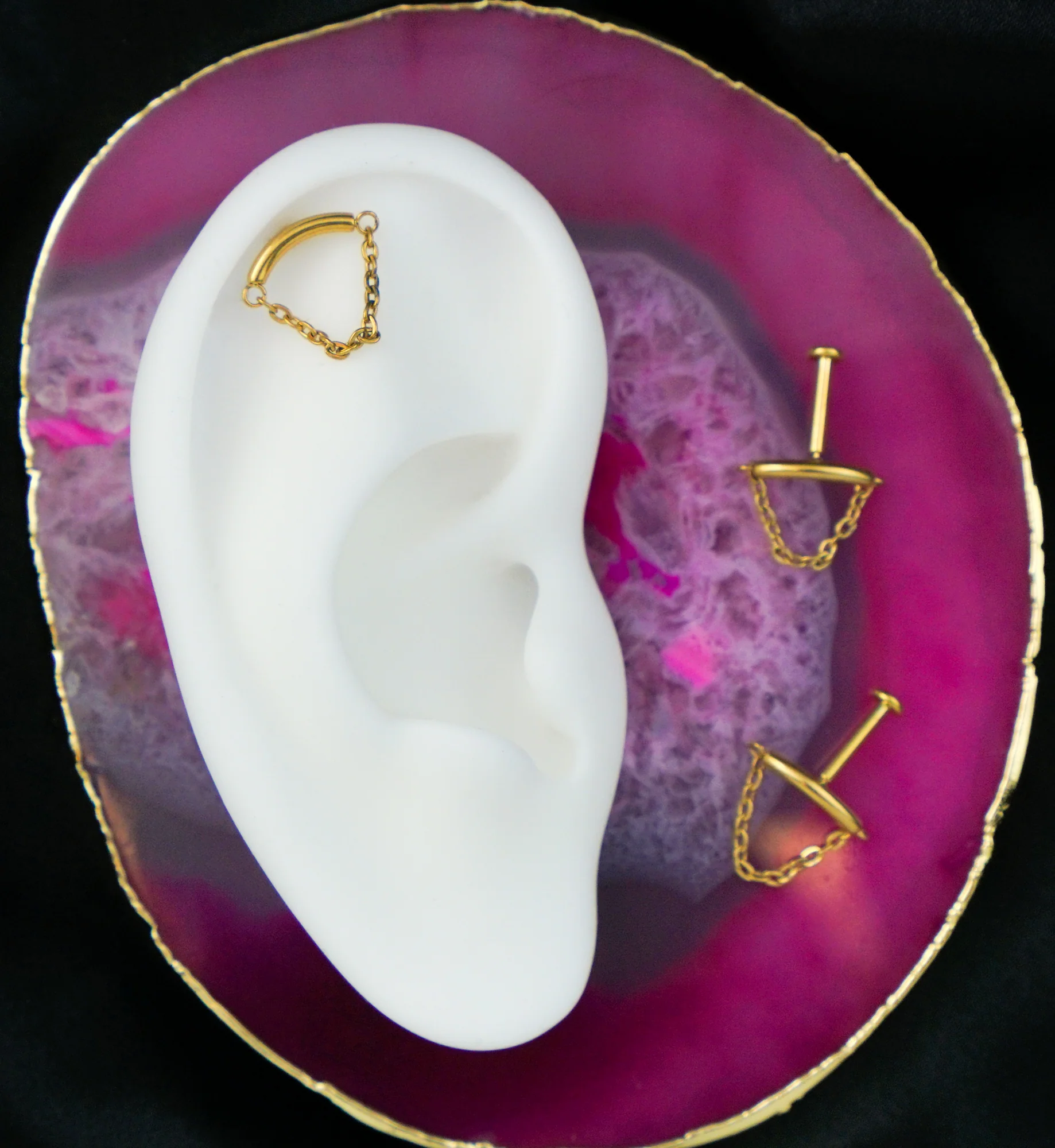 Gold PVD Curved Bar Dangle Chain Titanium Threadless Labret - Mrs Treak