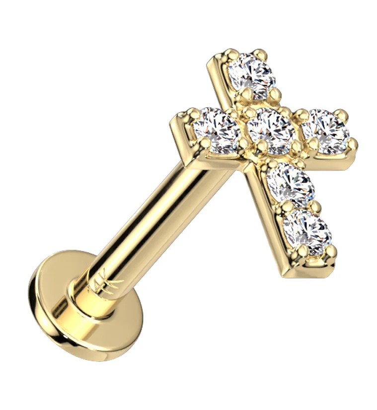 14kt Gold Cross CZ Threadless Labret - Mrs Treak