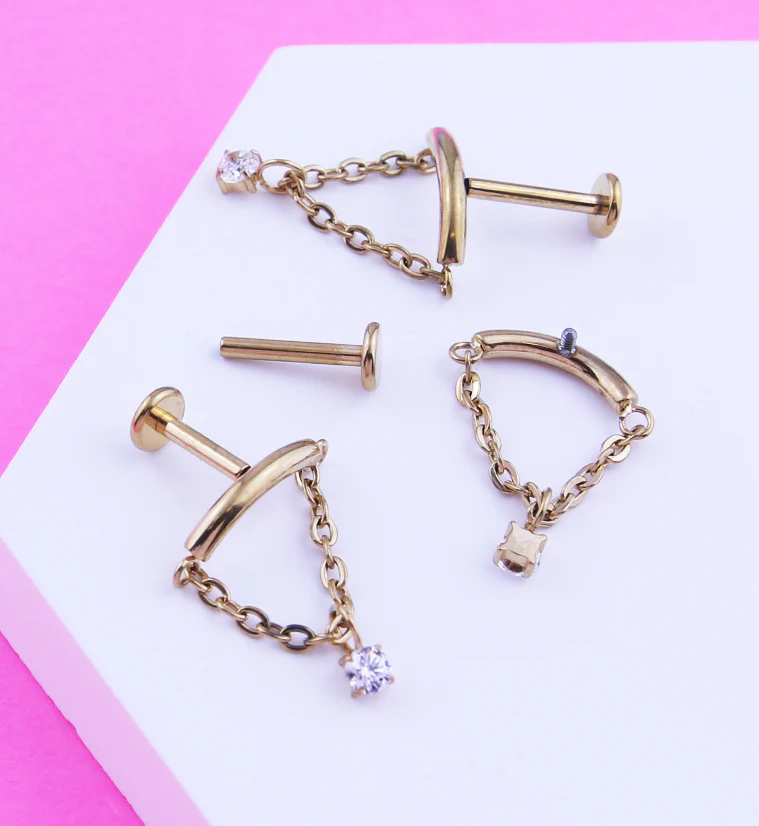 Gold PVD Curved Bar Dangle Clear CZ Chain Titanium Internally Threaded Labret - Mrs Treak