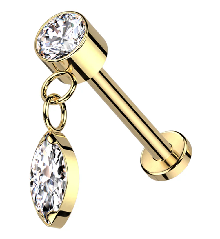 Gold PVD Dangle Marquise Clear CZ Threadless Titanium Labret - Mrs Treak