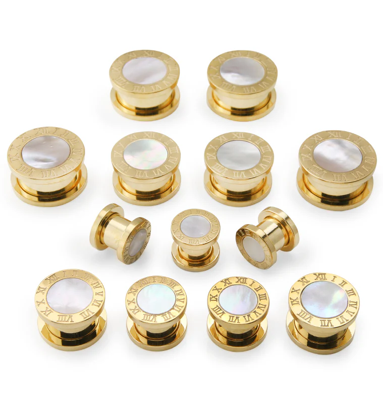 Gold PVD Roman Numeral MOP Stainless Steel Tunnels - Mrs Treak
