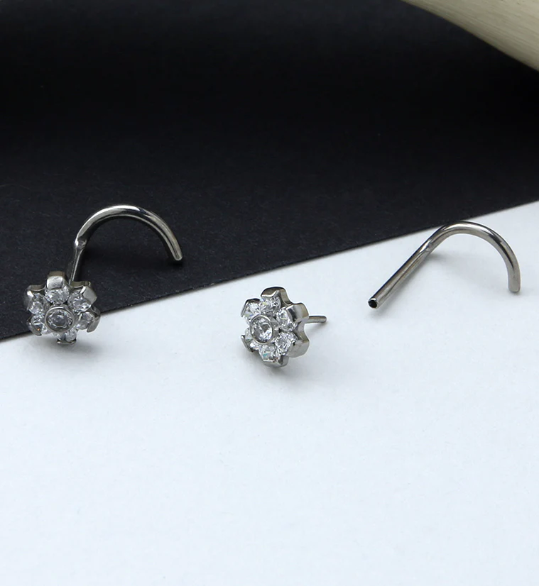 Flower CZ Titanium Threadless Nose Screw Ring - Mrs Treak
