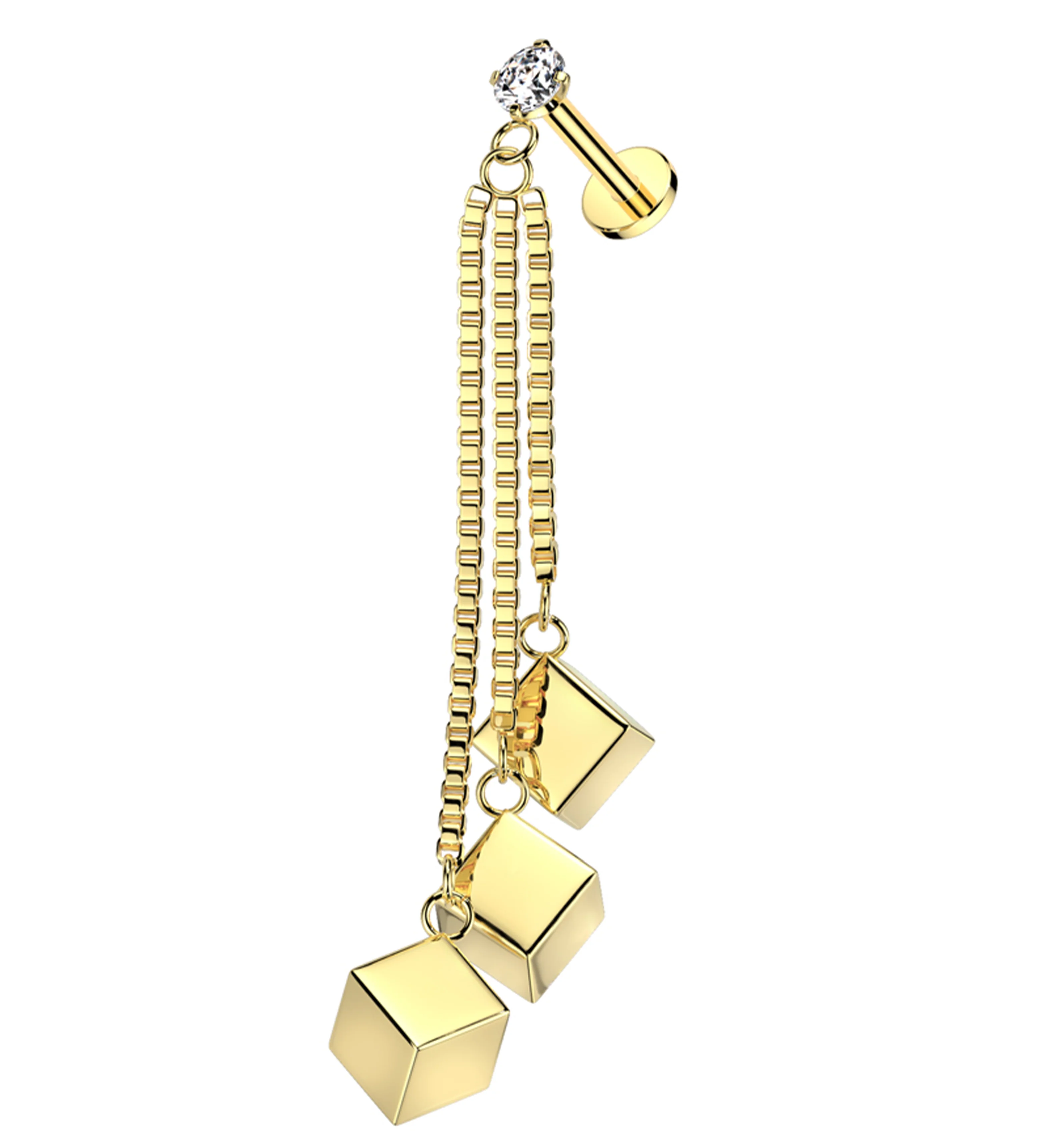 Gold PVD Triple Cube Dangle Chain Stainless Steel Internally Threaded Labret - Mrs Treak