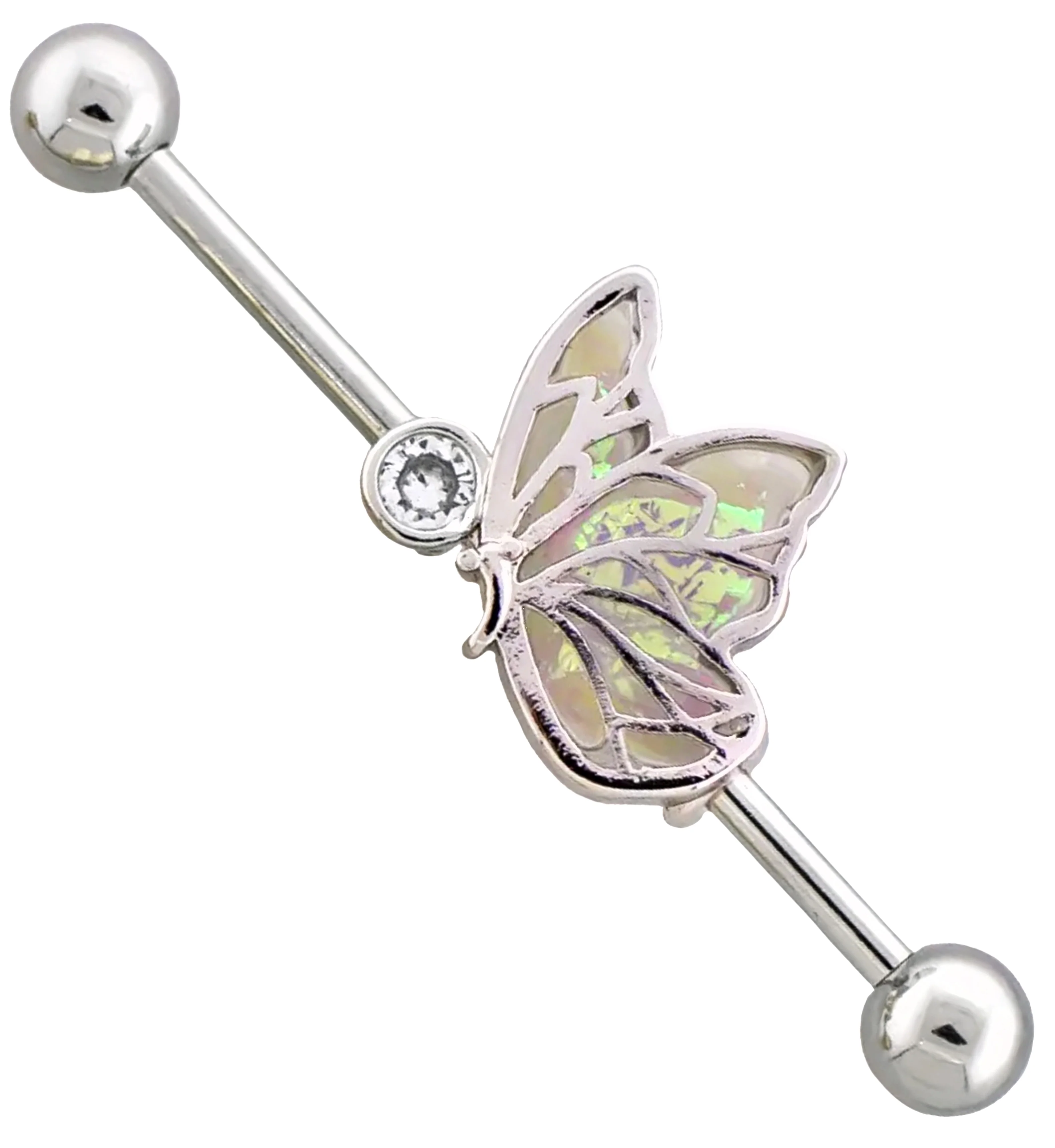 Glitter Butterfly Clear CZ Stainless Steel Industrial Barbell - Mrs Treak