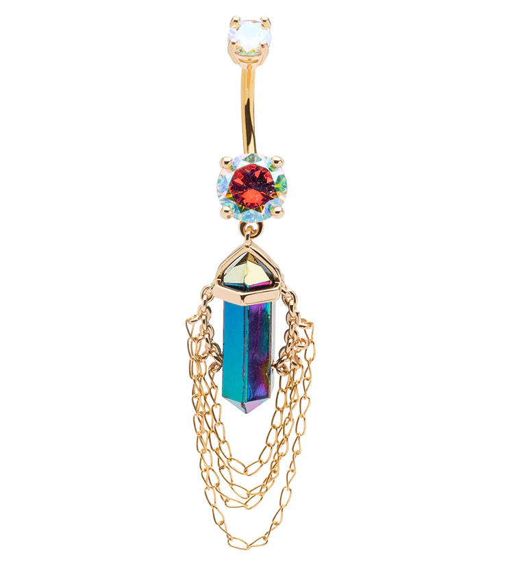Gold PVD Rainbow Crystal Multi Dangle Chain Stainless Steel Belly Button Ring - Mrs Treak