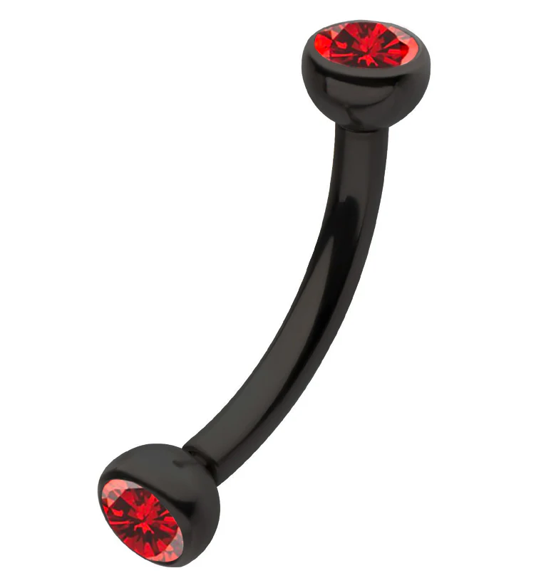 Black PVD Titanium Double Bezel Red CZ Internally Threaded Curved Barbell - Mrs Treak