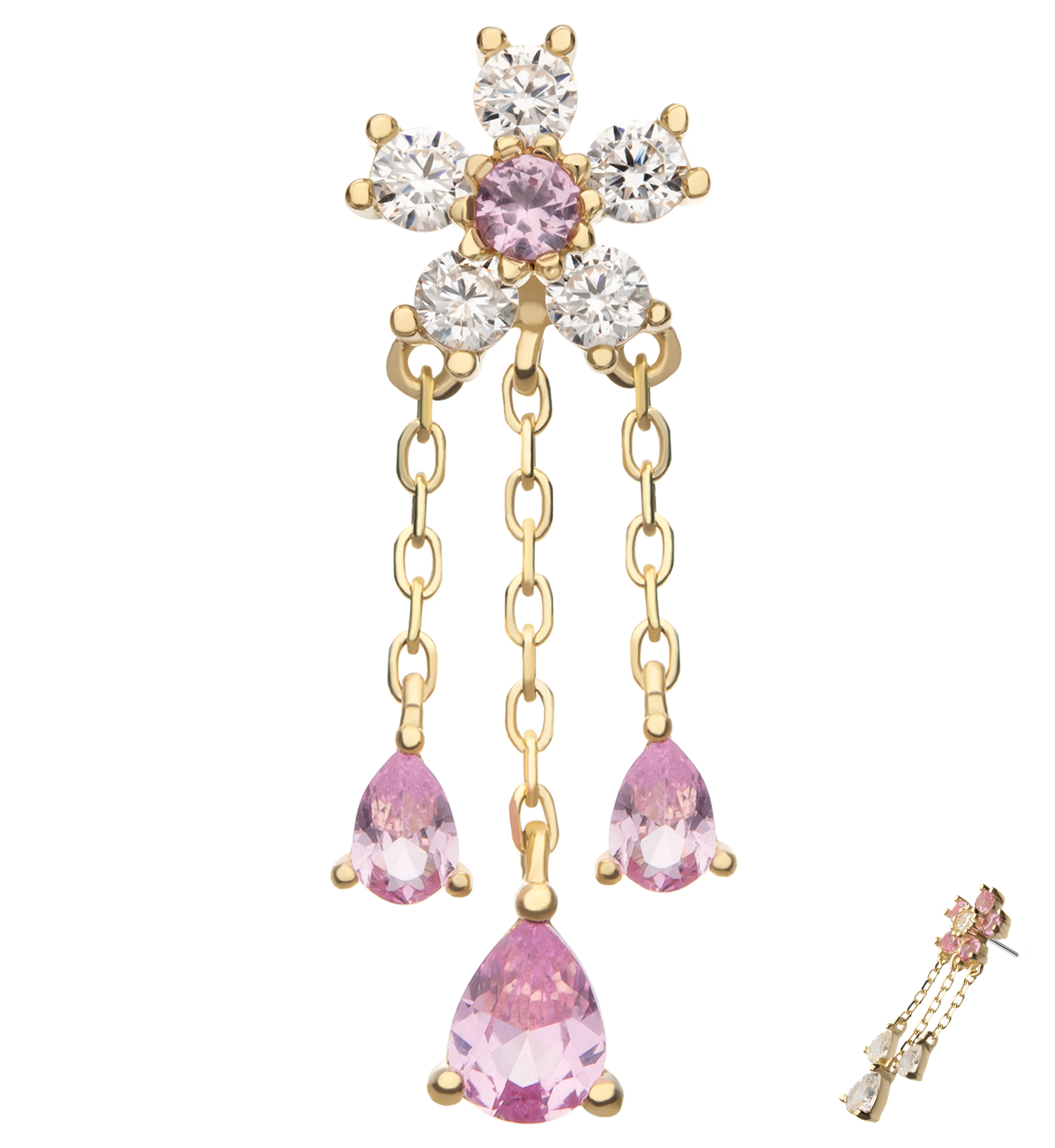 14kt Gold Floral Blossom Beaded Clear And Pink CZ Dangle Threadless Top - Mrs Treak