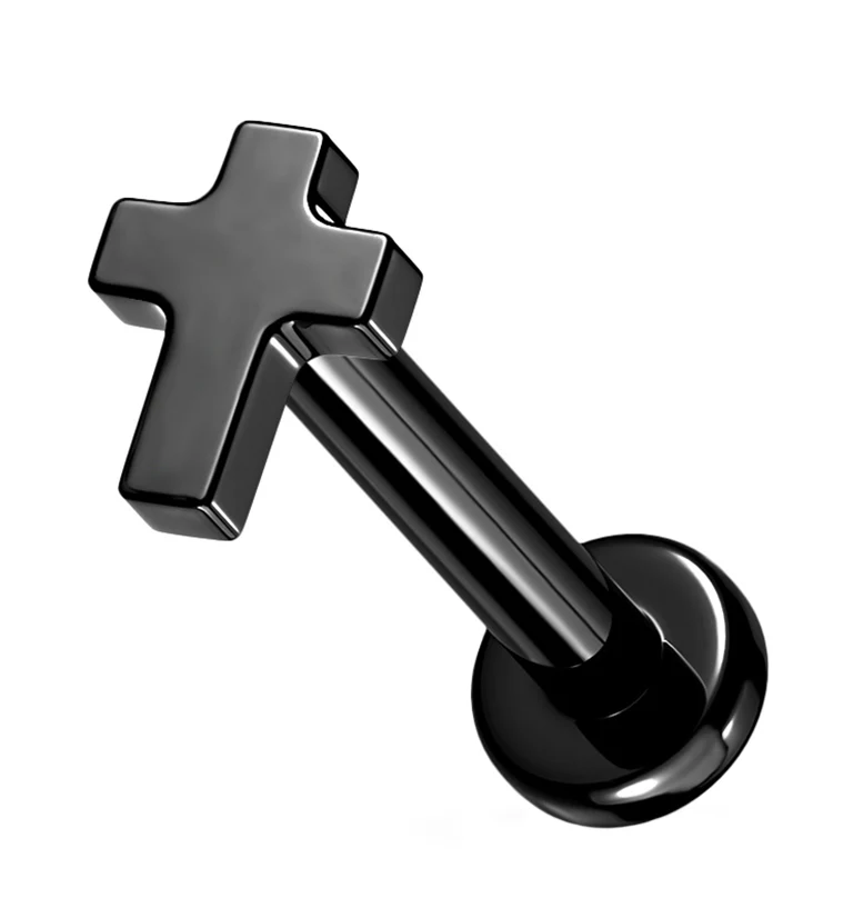 Black PVD Cross Internally Threaded Titanium Labret - Mrs Treak