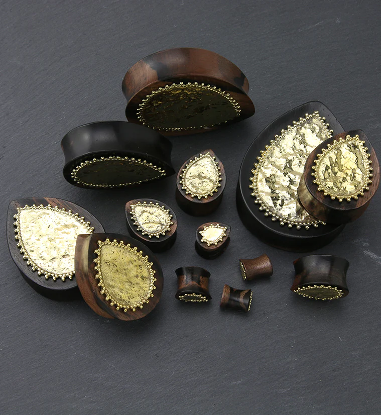 Doily Brass Inlay Areng Wood Teardrop Plugs - Mrs Treak