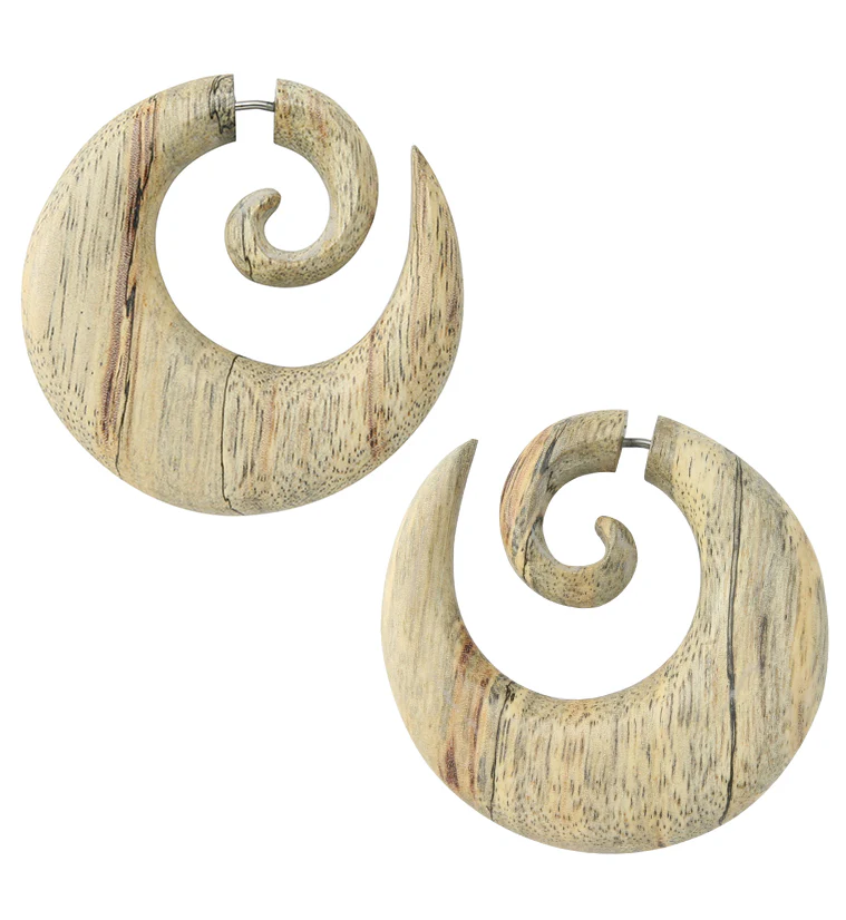 Broad Tamarind Wood Fake Gauge Spiral Earrings - Mrs Treak