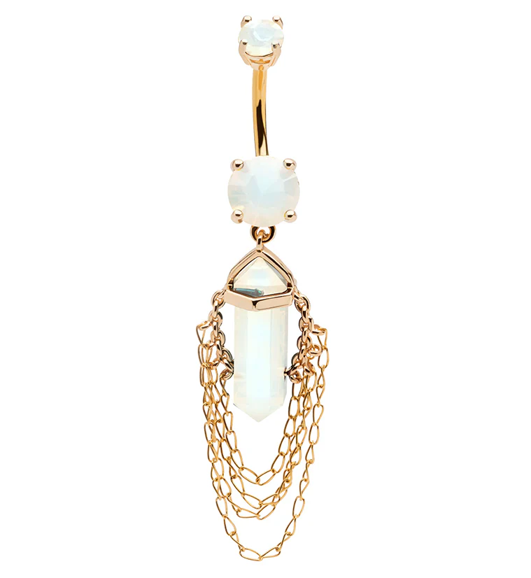 Gold PVD White Opalite Crystal Multi Dangle Chain Stainless Steel Belly Button Ring - Mrs Treak