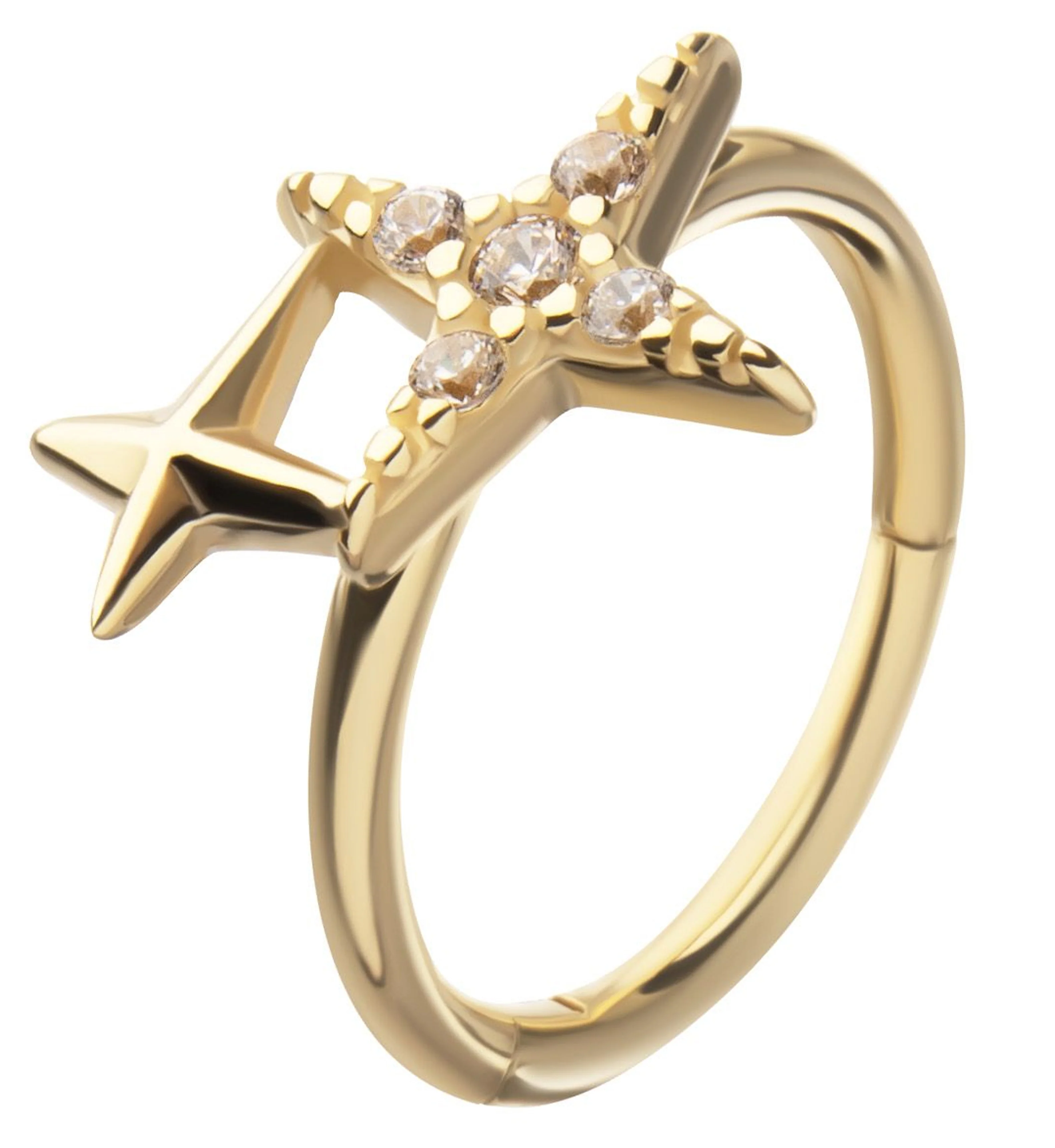 14kt Gold Double Four Point Star Clear CZ Hinged Segment Ring - Mrs Treak
