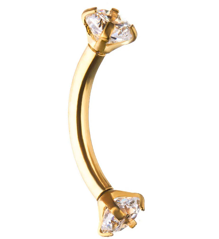 Gold PVD Clear CZ Prong Set Stainless Steel Curved Barbell - Mrs Treak