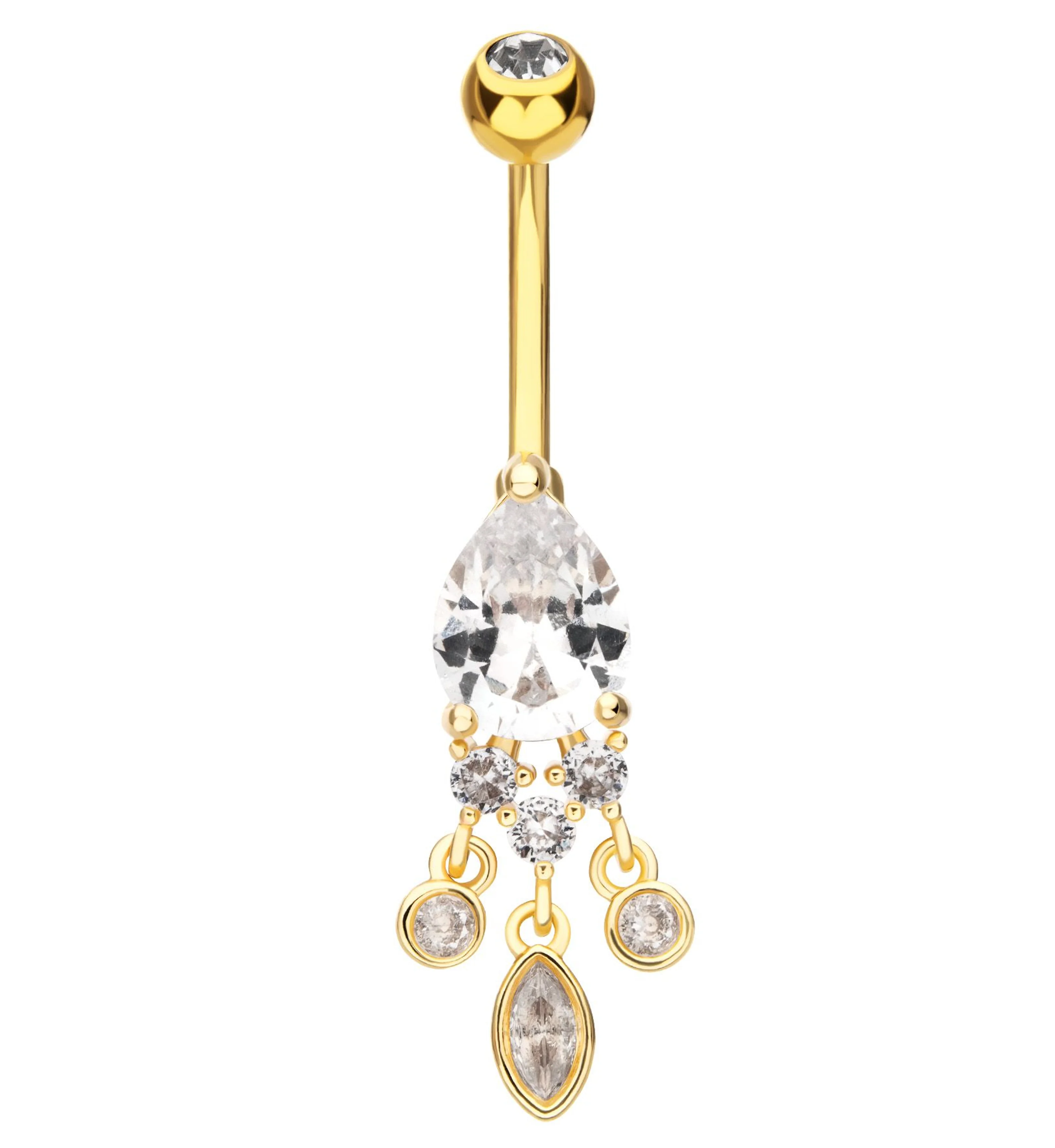 Gold PVD Teardrop Clear CZ Triple Dangle Stainless Steel Belly Button Ring - Mrs Treak