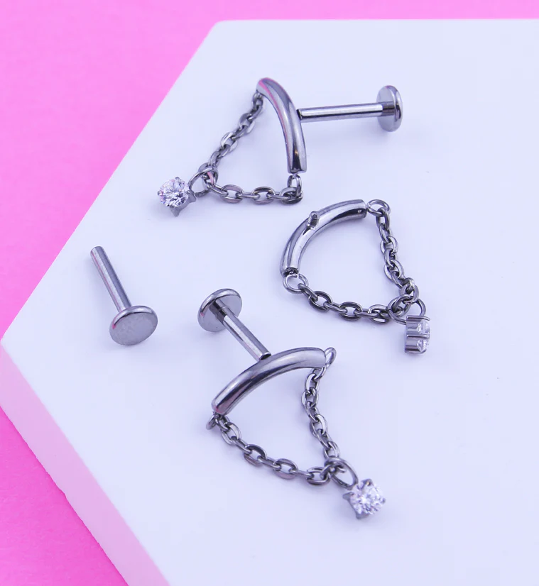 Curved Bar Dangle Clear CZ Chain Titanium Internally Threaded Labret - Mrs Treak