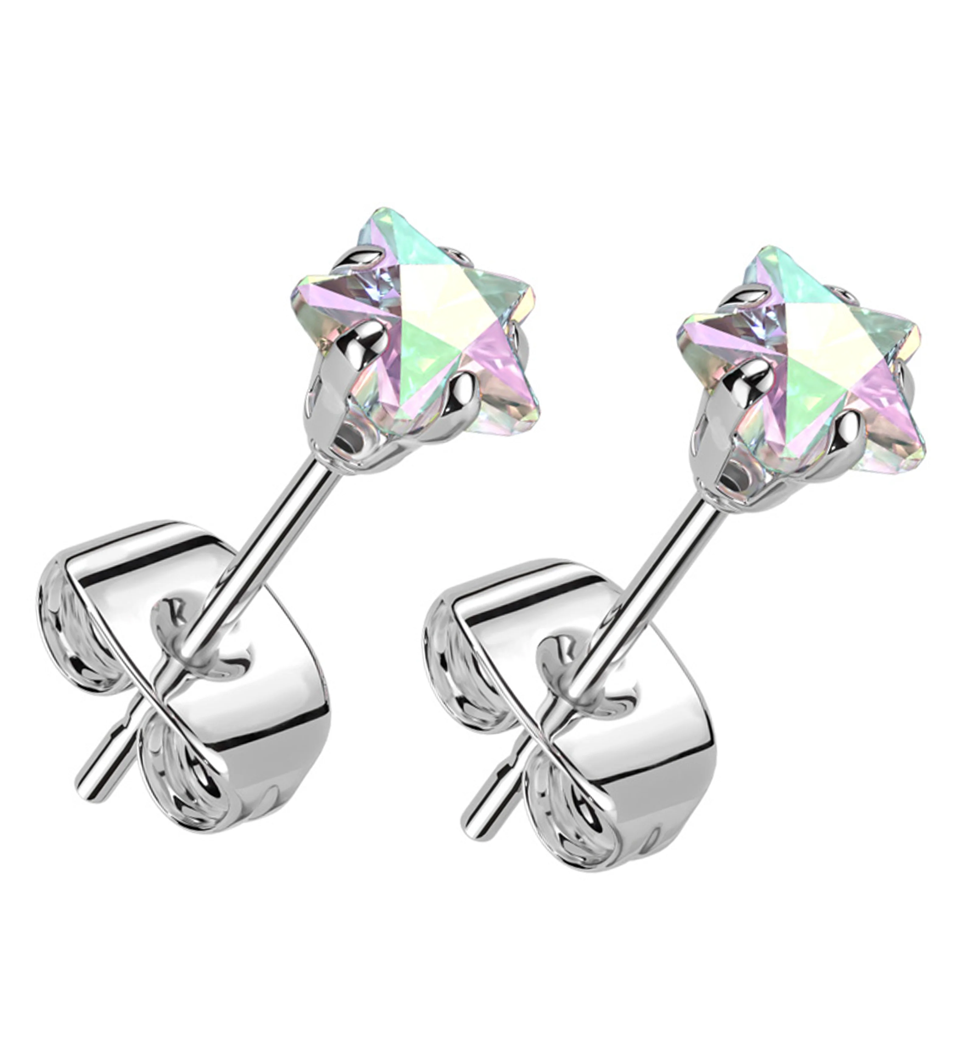 Prong Star Rainbow Aurora CZ Stainless Steel Stud Earrings - Mrs Treak