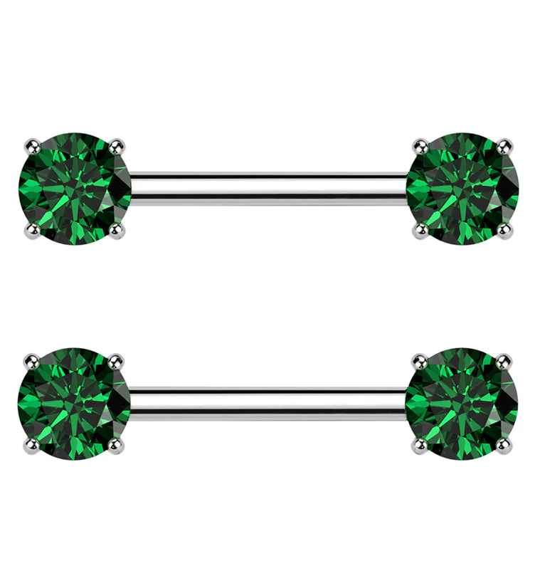 Prong Emerald CZ Threadless Titanium Nipple Barbells - Mrs Treak