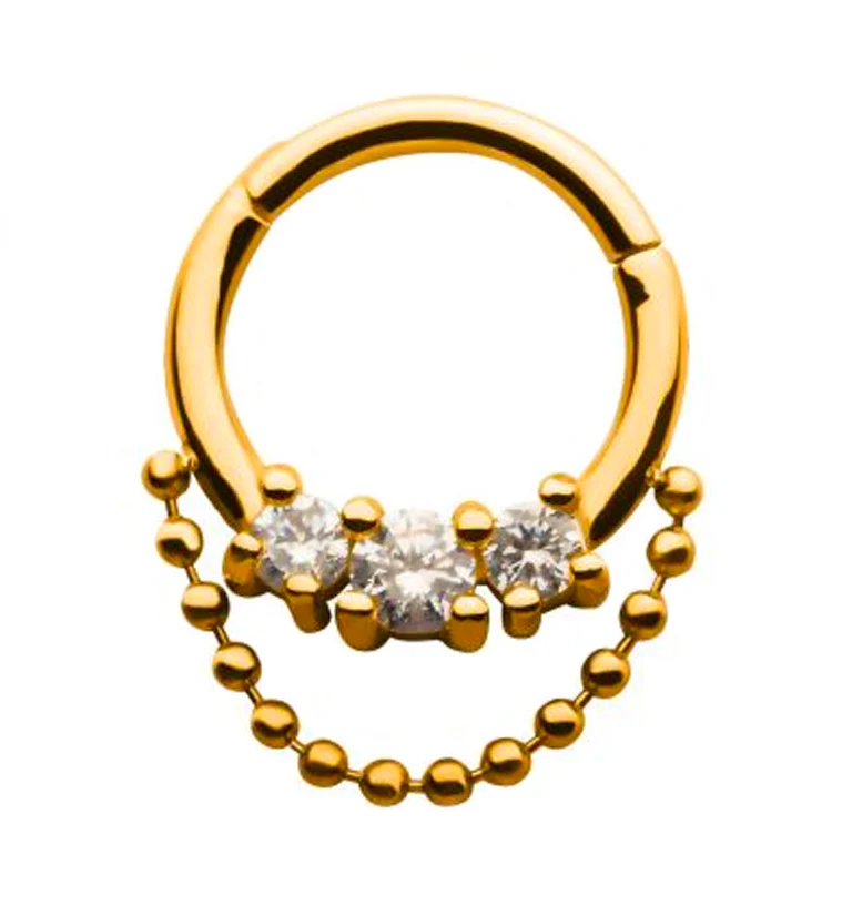 Gold PVD Triple Prong Set Clear CZ with Dangling Chain Hinged Segment Ring - Mrs Treak
