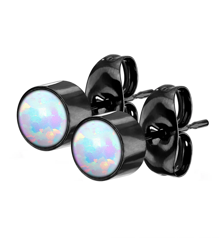 Black PVD Bezel White Opalite Stainless Steel Earrings - Mrs Treak