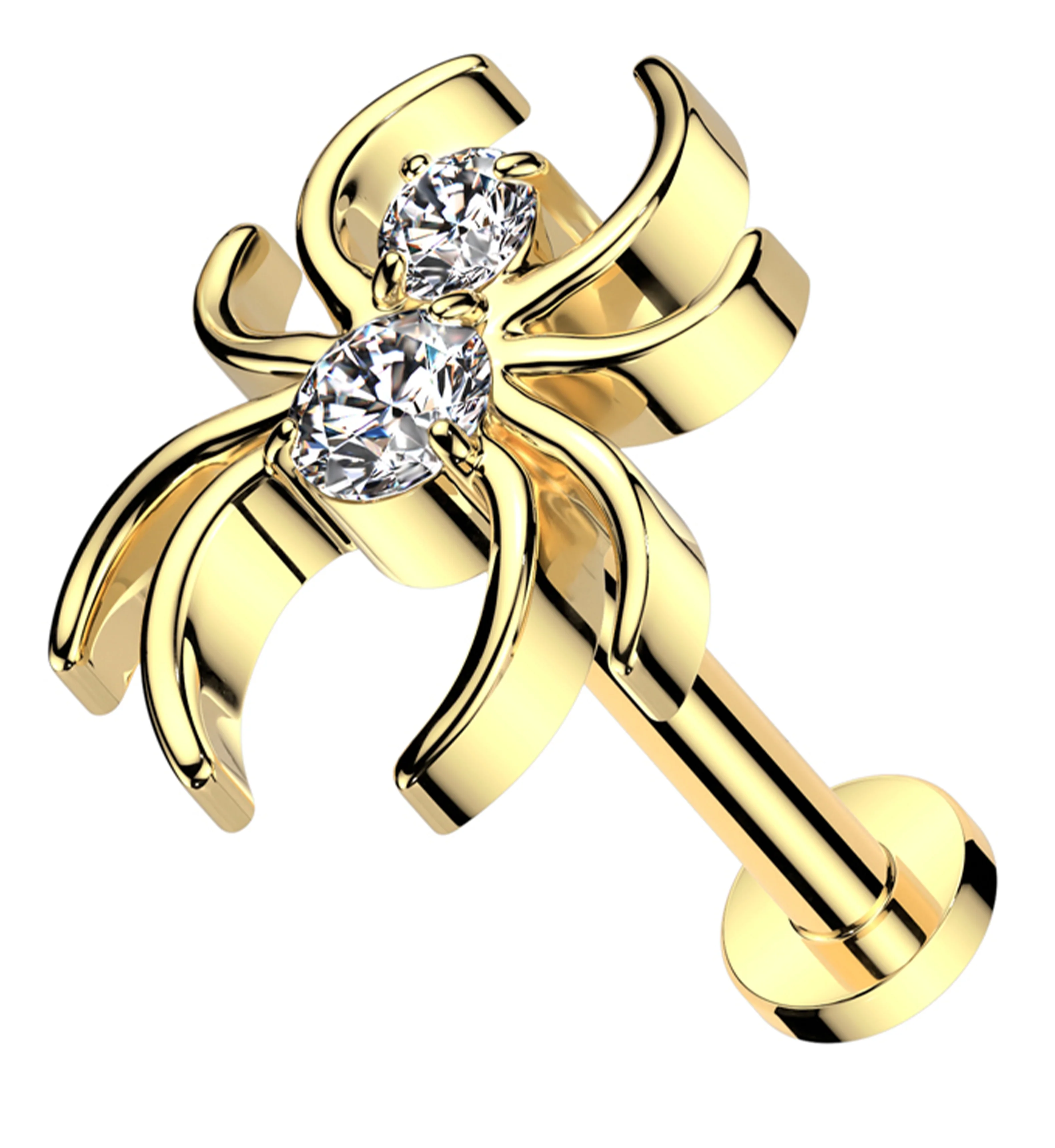 Gold PVD Spider Clear CZ Titanium Threadless Labret - Mrs Treak