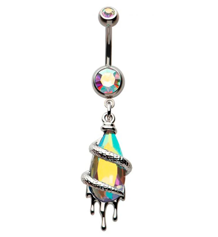 Dripping Snake Wrapped Rainbow Aurora CZ Stainless Steel Belly Button Ring - Mrs Treak