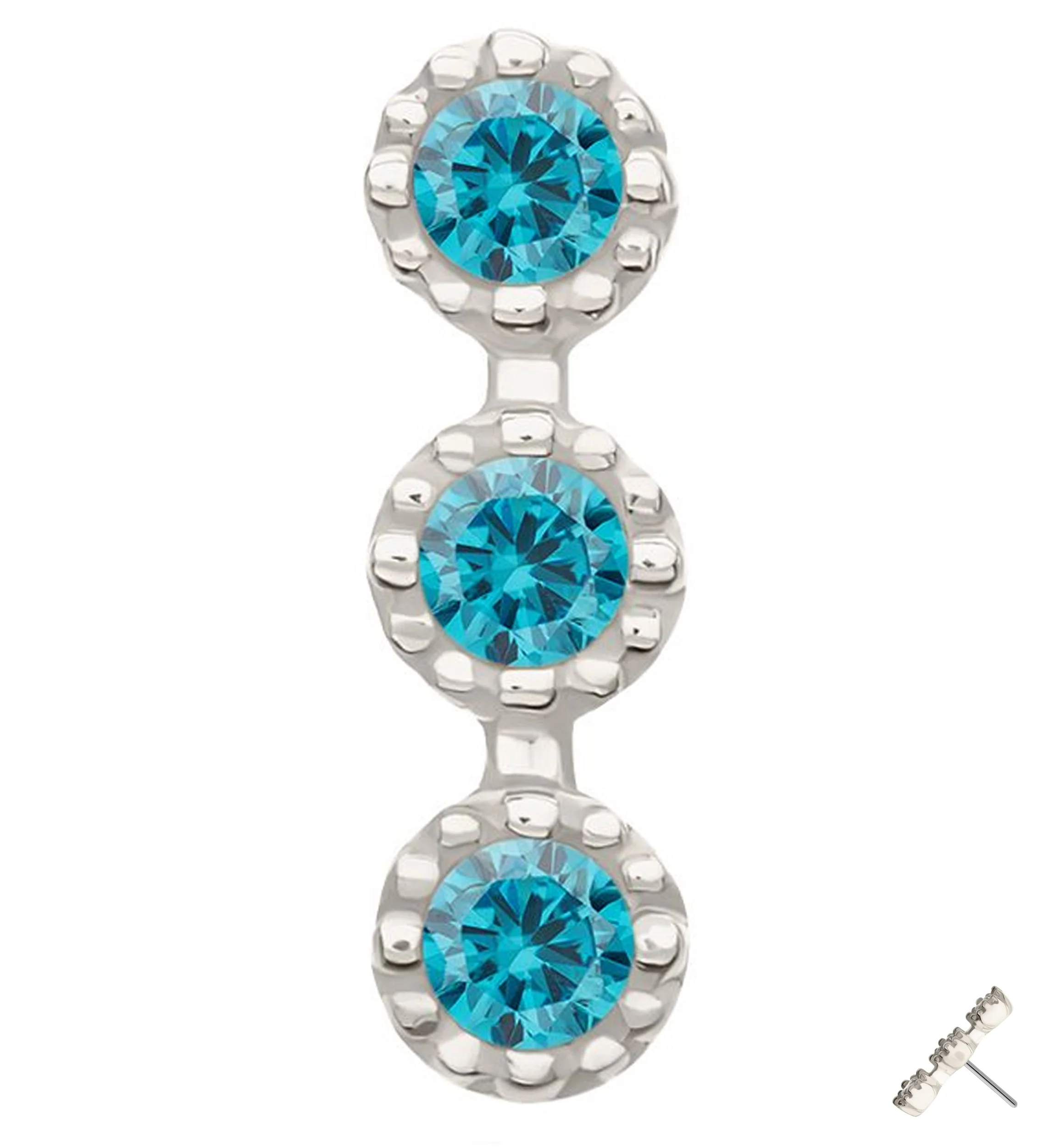 14kt White Gold Triple Stacked Beaded Blue Topaz CZ Threadless Top - Mrs Treak
