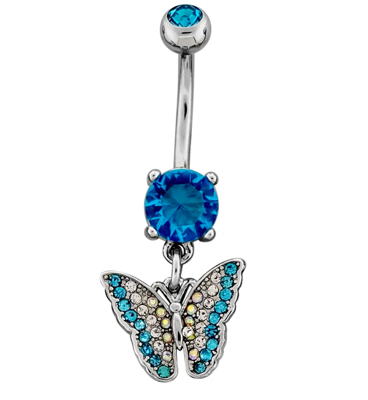 Butterfly Aqua and Rainbow Aurora CZ Stainless Steel Belly Button Ring - Mrs Treak