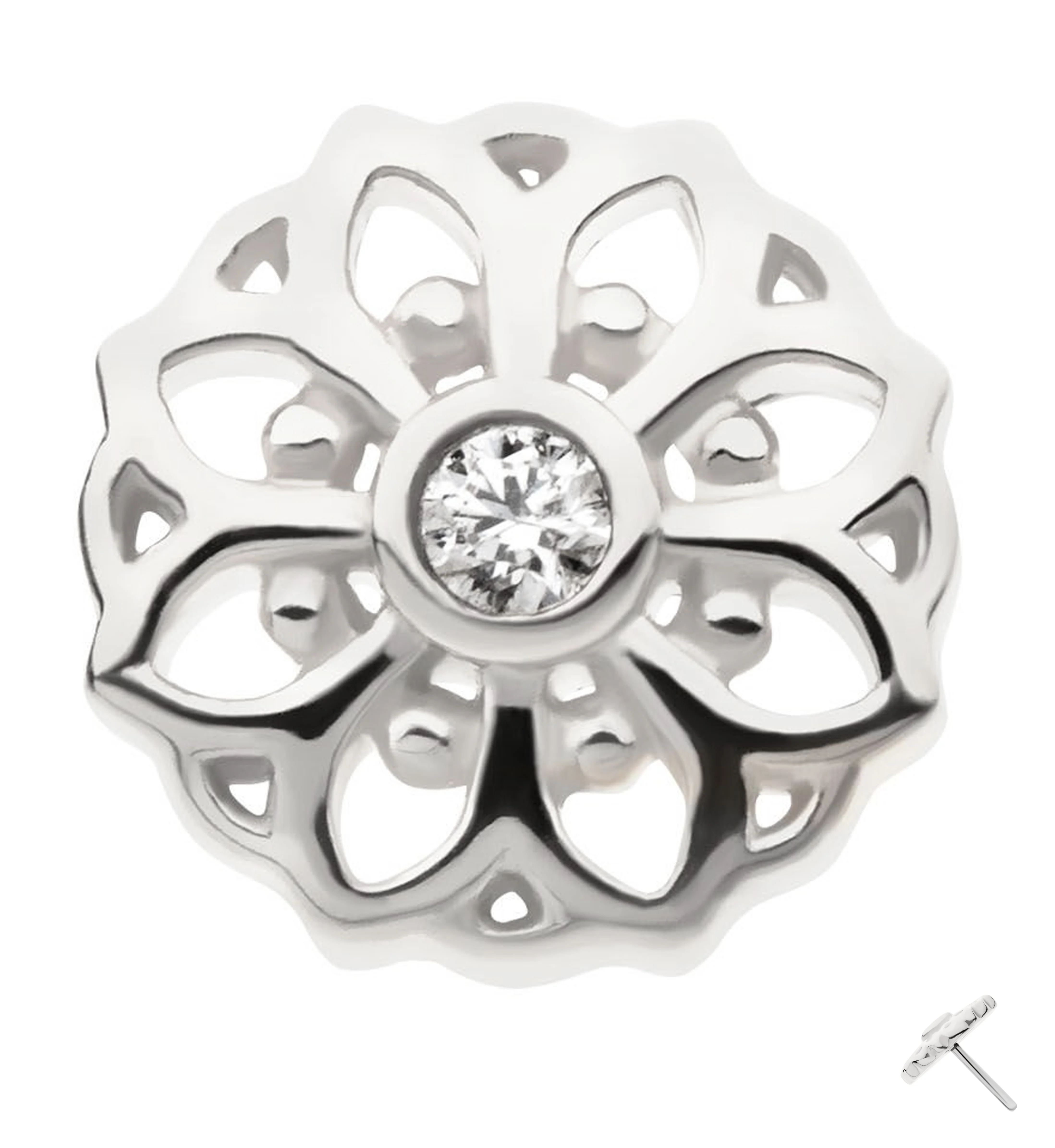 14kt White Gold Mandala Clear CZ Threadless Top - Mrs Treak