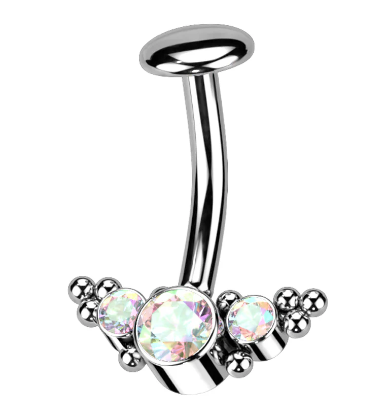 Beaded Triple Rainbow Aurora CZ Titanium Threadless Floating Belly Button Ring - Mrs Treak